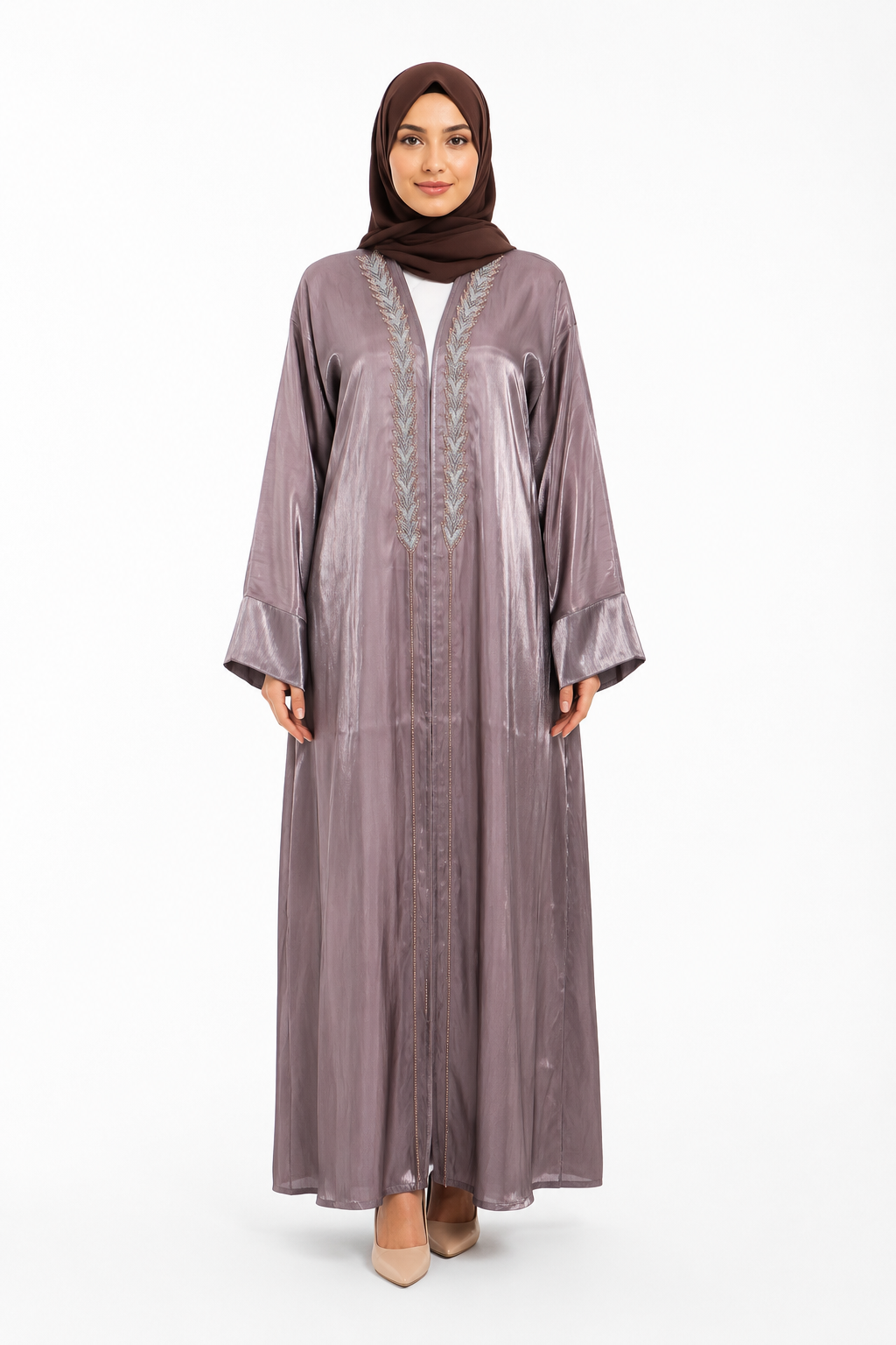 Mauve Shimmer Embroidered Front Open Abaya